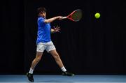 3 January 2022; Eoghan Jennings during his Boys U14 Singles Final match against Zac Naughton during the Shared Access National Indoor Tennis Championships 2022 at David Lloyd Riverview in Dublin. Photo by Sam Barnes/Sportsfile