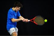 3 January 2022; Eoghan Jennings during his Boys U14 Singles Final match against Zac Naughton during the Shared Access National Indoor Tennis Championships 2022 at David Lloyd Riverview in Dublin. Photo by Sam Barnes/Sportsfile