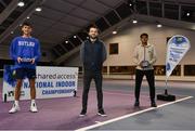 3 January 2022; Thomas Brennan, left, and Ammar Elamin, pictured with their plates alongside Tennis Ireland Competitions Manager Simon Honan after the Senior Mens Singles Final match during the Shared Access National Indoor Tennis Championships 2022 at David Lloyd Riverview in Dublin. Photo by Sam Barnes/Sportsfile