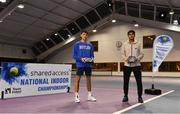 3 January 2022; Thomas Brennan, left, and Ammar Elamin, with their plates after the Senior Mens Singles Final match during the Shared Access National Indoor Tennis Championships 2022 at David Lloyd Riverview in Dublin. Photo by Sam Barnes/Sportsfile