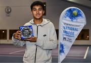 3 January 2022; Ammar Elamin pictured with his plate after his Senior Mens Singles Final match against Thomas Brennan during the Shared Access National Indoor Tennis Championships 2022 at David Lloyd Riverview in Dublin. Photo by Sam Barnes/Sportsfile