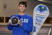 3 January 2022; Thomas Brennan pictured with his Plate after winning the Senior Mens Singles Final match against Ammar Elamin during the Shared Access National Indoor Tennis Championships 2022 at David Lloyd Riverview in Dublin. Photo by Sam Barnes/Sportsfile