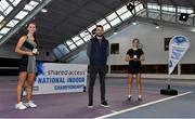 3 January 2022; Rachel Deegan, left, and Isabel India Singh, pictured with their medals alongside Tennis Ireland Competitions Manager Simon Honan after the Girls U16 Singles Final match during the Shared Access National Indoor Tennis Championships 2022 at David Lloyd Riverview in Dublin. Photo by Sam Barnes/Sportsfile