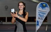 3 January 2022; Rachel Deegan pictured with her medal after her Girls U16 Singles Final match against Isabel India Singh during the Shared Access National Indoor Tennis Championships 2022 at David Lloyd Riverview in Dublin. Photo by Sam Barnes/Sportsfile