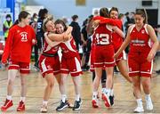 8 January 2022;  Griffith College Templeogue celebrate after their side's victory in the Women’s Division 1 National Cup semi-final match between Swords Thunder and Griffith College Templeogue at Parochial Hall in Cork. Photo by Sam Barnes/Sportsfile