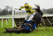 9 January 2022; Jockey Paul Townend and Brooklynn Glory fall at the last during the Mares Maiden Hurdle at Fairyhouse Racecourse in Ratoath, Meath. Photo by Seb Daly/Sportsfile