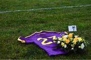 15 January 2022; A general view of the Wexford number 23 jersey, which was left vacant, and a wreath for Ashling Murphy, who was murdered in Tullamore, Offaly, earlier this week, before the O'Byrne Cup Group B match between Meath and Wexford at Ashbourne GAA Club in Ashbourne, Meath. Photo by Ben McShane/Sportsfile