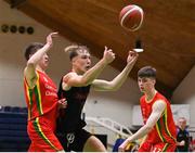 20 January 2022; Aivaras Uosis of Pobailscoil Chorca Dhuibhne in action against Ben Caomhanach of Gaelcholáiste Cheatharlach during the Pinergy Basketball Ireland U19 C Boys Schools Cup Final match between Gaelcholaiste Cheatharlach, Carlow, and Pobailscoil Chorca Dhuibhne, Dingle, Kerry, at the National Basketball Arena in Dublin. Photo by Harry Murphy/Sportsfile