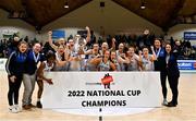 23 January 2022; The Waterford Wildcats team celebrate with the cup after the InsureMyHouse.ie U20 Women's National Cup Final match between Portlaoise Panthers, Laois, and Waterford Wildcats, Waterford, at National Basketball Arena in Tallaght, Dublin. Photo by Brendan Moran/Sportsfile