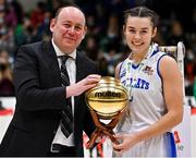 23 January 2022; Sarah Hickey of Waterford Wildcats is presented with the MVP by Basketball Ireland president PJ Reidy after the InsureMyHouse.ie U20 Women's National Cup Final match between Portlaoise Panthers, Laois, and Waterford Wildcats, Waterford, at National Basketball Arena in Tallaght, Dublin. Photo by Brendan Moran/Sportsfile