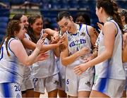 23 January 2022; Sarah Hickey of Waterford Wildcats celebrates with teammates after being named MVP after the InsureMyHouse.ie U20 Women's National Cup Final match between Portlaoise Panthers, Laois, and Waterford Wildcats, Waterford, at National Basketball Arena in Tallaght, Dublin. Photo by Brendan Moran/Sportsfile
