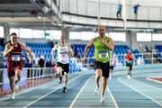 30 January 2022; Anthony Browne of An Ríocht AC, Kerry, 50, on his way to winning the over 40 men's 200m during the Irish Life Health National Masters Indoor Championships at TUS International Arena in Athlone, Westmeath. Photo by Sam Barnes/Sportsfile