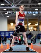 30 January 2022; Maria Carey of Ennis Track AC, Clare, competing in the over 45 women's weight for distance  during the Irish Life Health National Masters Indoor Championships at TUS International Arena in Athlone, Westmeath. Photo by Sam Barnes/Sportsfile