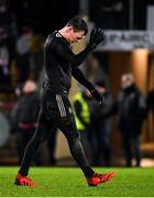 30 January 2022; Monaghan goalkeeper Rory Beggan reacts at the full time whistle, after passing up the opportunity to win the game with a free kick, instead opting to take a short free kick to a teammate, from which the opportunity to win the game was lost, in the Allianz Football League Division 1 match between Tyrone and Monaghan at O'Neill's Healy Park in Omagh, Tyrone. Photo by Brendan Moran/Sportsfile