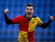 1 February 2022; Nathan Clarke of St Fintans High School celebrates a try during the Bank of Ireland Vinnie Murray Cup 2nd Round match between St Fintans High School and Skerries Community College at Energia Park in Dublin. Photo by Harry Murphy/Sportsfile