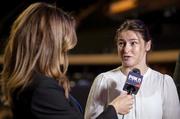 2 February 2022; Katie Taylor is interviewed by Tina Cervasio during a press tour ahead of her WBA, WBC, IBF, WBO, and The Ring lightweight title bout against Amanda Serrano at Chase Square in Madison Square Garden, New York, USA. Photo by Michelle Farsi / Matchroom Boxing via Sportsfile