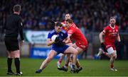 30 January 2022; Mícheál Bannigan of Monaghan in action against Peter Harte of Tyrone during the Allianz Football League Division 1 match between Tyrone and Monaghan at O'Neill's Healy Park in Omagh, Tyrone. Photo by Brendan Moran/Sportsfile