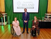 4 February 2022; An Taoiseach Micheál Martin TD, centre, with President of Paralympics Ireland Eimear Breathnach, right, and Archery athlete Kerrie Leonard during the Paralympics Ireland Tokyo 2020 Awards at Dublin Castle in Dublin. Photo by David Fitzgerald/Sportsfile