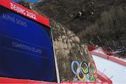 6 February 2022: A screen at the venue indicating the Men's Downhill Skiing competition is delayed due to high winds on day two of the Beijing 2022 Winter Olympic Games at National Alpine Skiing Centre in Yanqing, China. Photo by Ramsey Cardy/Sportsfile