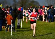 6 February 2022; Tara Nolan of Scoil Muire agus Pádraig, Swinford, Mayo, on her way to winning the minor girls event during the Irish Life Health Connacht Schools Cross Country at Bushfield in Loughrea, Galway. Photo by Ben McShane/Sportsfile Photo by Ben McShane/Sportsfile