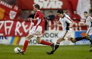 2 April 2004; Jim Crawford, Shelbourne, in action against Alan Reilly, Drogheda United. eircom league, Premier Division, Shelbourne v Drogheda United, Tolka Park, Dublin. Picture credit; Brian Lawless / SPORTSFILE *EDI*