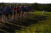 6 February 2022; Athletes line up ahead of the intermediate boys event during the Irish Life Health Connacht Schools Cross Country at Bushfield in Loughrea, Galway. Photo by Ben McShane/Sportsfile