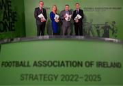 7 February 2022; At the official launch of the FAI Strategy 2022-2025 are, from left, FAI chairman Roy Barrett, FAI independent director Catherine Guy, FAI vice president Paul Cooke and FAI chief executive Jonathan Hill at HBV Studios in Dublin. Photo by Stephen McCarthy/Sportsfile