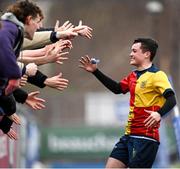 8 February 2022; Nathan Clarke of St Fintan's High School celebrates after his side's victory in the Bank of Ireland Vinnie Murray Cup Semi-Final match between CBC Monkstown and St Fintan's High School at Energia Park in Dublin. Photo by Harry Murphy/Sportsfile