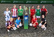 9 February 2022; SSE Airtricity Women's National League players, front row, from left, Julie Ann Russell of Galway Women, Rachel Doyle of DLR Waves, Emma Hansberry of Sligo Rovers, Kylie Murphy of Wexford Youths Women, with, front row, Laurie Ryan of Athlone Town AFC, Jesse Mendez of Treaty United , Tiegan Ruddy of Peamount United, Pearl Slattery of Shelbourne, Danielle Burke of Cork City and Sinead Taylor of Bohemians at the launch of the SSE Airtricity Premier & First Division and Women's National League 2022 season held at at HBV Studios in Clarehall, Dublin. Photo by Stephen McCarthy/Sportsfile