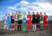 9 February 2022; SSE Airtricity Women's National League players, from left, Laurie Ryan of Athlone Town AFC, Rachel Doyle of DLR Waves, Julie Ann Russell of Galway Women, Jesse Mendez of Treaty United, Tiegan Ruddy of Peamount United, Pearl Slattery of Shelbourne, Kylie Murphy of Wexford Youths Women, Sinead Taylor of Bohemians, Danielle Burke of Cork City, Emma Hansberry of Sligo Rovers at the launch of the SSE Airtricity Premier & First Division and Women's National League 2022 season held at at HBV Studios in Clarehall, Dublin. Photo by Stephen McCarthy/Sportsfile