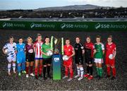 9 February 2022; SSE Airtricity Women's National League players, from left, Laurie Ryan of Athlone Town AFC, Rachel Doyle of DLR Waves, Julie Ann Russell of Galway Women, Jesse Mendez of Treaty United, Tiegan Ruddy of Peamount United, Pearl Slattery of Shelbourne, Kylie Murphy of Wexford Youths Women, Sinead Taylor of Bohemians, Danielle Burke of Cork City, Emma Hansberry of Sligo Rovers at the launch of the SSE Airtricity Premier & First Division and Women's National League 2022 season held at at HBV Studios in Clarehall, Dublin. Photo by Stephen McCarthy/Sportsfile