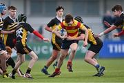 10 February 2022; Donnacha Gleeson of Temple Carrig in action against Daniel Egan of St Patrick's Classical School Navan during the Bank of Ireland Fr Godfrey Cup Semi-Final match between Temple Carrig and St Patrick's Classical School Navan at Energia Park in Dublin. Photo by Piaras Ó Mídheach/Sportsfile