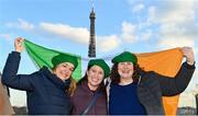 11 February 2022; Ireland supporters, from left, Isabelle Larkin, from Dundalk, Louth, Aoife Loughnane and Patricia Thornton, from Dublin, at the Eiffel Tower in Paris, France, ahead of the Guinness Six Nations Rugby Championship match between France and Ireland. Photo by Seb Daly/Sportsfile