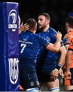 11 February 2022; Scott Penny of Leinster, left, is congratulated by Josh Murphy after he scored their side's first try during the United Rugby Championship match between Leinster and Edinburgh at the RDS Arena in Dublin. Photo by David Fitzgerald/Sportsfile