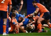 11 February 2022; Scott Penny of Leinster, hidden, scores his side's first try during the United Rugby Championship match between Leinster and Edinburgh at the RDS Arena in Dublin. Photo by David Fitzgerald/Sportsfile