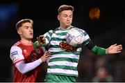 11 February 2022; Ronan Finn of Shamrock Rovers in action against Anto Breslin of St Patrick's Athletic during the FAI President's Cup match between Shamrock Rovers and St Patrick's Athletic at Tallaght Stadium in Dublin. Photo by Stephen McCarthy/Sportsfile