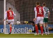11 February 2022; Eoin Doyle of St Patrick's Athletic shoots to score his side's first goal past Shamrock Rovers goalkeeer Alan Mannus during the FAI President's Cup match between Shamrock Rovers and St Patrick's Athletic at Tallaght Stadium in Dublin. Photo by Stephen McCarthy/Sportsfile