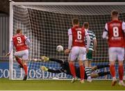 11 February 2022; Eoin Doyle of St Patrick's Athletic shoots to score his side's first goal past Shamrock Rovers goalkeeer Alan Mannus during the FAI President's Cup match between Shamrock Rovers and St Patrick's Athletic at Tallaght Stadium in Dublin. Photo by Stephen McCarthy/Sportsfile