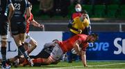 11 February 2022; Jean Kleyn of Munster scores a second half try during the United Rugby Championship match between Glasgow Warriors and Munster at Scotstoun Stadium in Glasgow, Scotland. Photo by Paul Devlin/Sportsfile