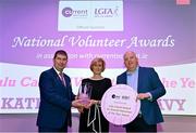 11 February 2022; Kathleen Colreavy from Naomh Mearnóg, Dublin, is presented with the Overall Volunteer of the Year (Lulu Carroll) award by Ladies Gaelic Football Association President Mícheál Naughton and Mr Seamus Newcombe, chief executive officer of currentaccount.ie, right, during the 2021 LGFA National Volunteer of the Year awards, in association with currentaccount.ie, at Croke Park in Dublin. Photo by Piaras Ó Mídheach/Sportsfile