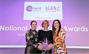 11 February 2022; Kathleen Colreavy from Naomh Mearnóg, Dublin, winner of the Overall Volunteer of the Year (Lulu Carroll) award, alongside Dublin ladies footballers Sinéad Aherne, left, and Lyndsey Davey during the 2021 LGFA National Volunteer of the Year awards, in association with currentaccount.ie, at Croke Park in Dublin. Photo by Piaras Ó Mídheach/Sportsfile