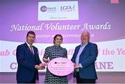 11 February 2022; Carolyn Mullane from Passage West, Cork, is presented with the Club Committee Officer of the Year award by Ladies Gaelic Football Association President Mícheál Naughton and Mr Seamus Newcombe, chief executive officer of currentaccount.ie, right, during the 2021 LGFA National Volunteer of the Year awards, in association with currentaccount.ie, at Croke Park in Dublin. Photo by Piaras Ó Mídheach/Sportsfile