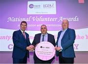 11 February 2022; Cormac McNally from Roscommon is presented with the County/Provincial Officer of the Year award by Ladies Gaelic Football Association President Mícheál Naughton and Mr Seamus Newcombe, chief executive officer of currentaccount.ie, right, during the 2021 LGFA National Volunteer of the Year awards, in association with currentaccount.ie, at Croke Park in Dublin. Photo by Piaras Ó Mídheach/Sportsfile