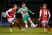 11 February 2022; Dylan Watts of Shamrock Rovers in action against Jamie Lennon, left, and Mark Doyle of St Patrick's Athletic during the FAI President's Cup match between Shamrock Rovers and St Patrick's Athletic at Tallaght Stadium in Dublin. Photo by Stephen McCarthy/Sportsfile