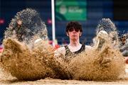 12 February 2022; Leon Sweeney of Naas AC, Kildare, competing in the men's long jump during the AAI National Indoor Games & Indoor League Final at the National Indoor Arena, Sport Ireland Campus in Dublin. Photo by Sam Barnes/Sportsfile