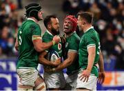 12 February 2022; Jamison Gibson Park of Ireland, second from left, celebrates with teammates, from left, James Ryan, Josh van der Flier and Garry Ringrose after scoring his side's third try during the Guinness Six Nations Rugby Championship match between France and Ireland at Stade de France in Paris, France. Photo by Brendan Moran/Sportsfile