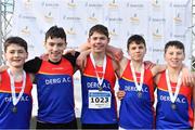 13 February 2022; The Derg AC team, Clare, from left, Adam Blake, Enda Tormey, Archie McNamara, Tom Arthur and Oliver Finn with their medals after winning the under 14 boys relay at The Irish Life Health National Intermediate, Master, Juvenile B & Relays Cross Country Championships in Castlelyons, Cork. Photo by Sam Barnes/Sportsfile