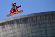 14 February 2022; Darcy Sharpe of Canada during the Men's Snowboard Big Air Qualification event on day 10 of the Beijing 2022 Winter Olympic Games at Big Air Shougang in Beijing, China. Photo by Ramsey Cardy/Sportsfile