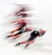 16 February 2022: The Canada team, led by Pascal Dion, warm-up before the Men's 5000m Relay A Final on day 12 of the Beijing 2022 Winter Olympic Games at Capital Indoor Stadium in Beijing, China. Photo by Ramsey Cardy/Sportsfile