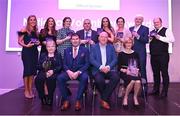 11 February 2022; Attendees; back row, from left; Fidelma Quinn from Moate Community School, Westmeath, winner of the School Coach of the Year award; Eva Scanlon from Tir Chonaill Gaels, London, winner of the International Volunteer of the Year award; Carolyn Mullane from Passage West, Cork, winner of the Club Committee Officer of the Year award; Cormac McNally from Roscommon winner of the County/Provincial Officer of the Year award; Chloe Callaghan from Termon, Donegal, winner of the Young Volunteer of the Year award; Élena Byrne from Kilkenny winner of the PRO of the Year award; Bart Gilmartin from Old Leighlin, Carlow, winner of the Club Coach of the Year award; Derrick Lynch from Clare FM, winner of the Local Journalist of the Year award. Front row; from left, Mary Hernon from Milltown, Galway, winner of the Volunteer Hall of Fame award; Ladies Gaelic Football Association President Mícheál Naughton and Mr Seamus Newcombe, chief executive officer of currentaccount.ie, and Kathleen Colreavy from Naomh Mearnóg, Dublin, winner of the Overall Volunteer of the Year (Lulu Carroll) award, during the 2021 LGFA National Volunteer of the Year awards, in association with currentaccount.ie, at Croke Park in Dublin. Photo by Piaras Ó Mídheach/Sportsfile